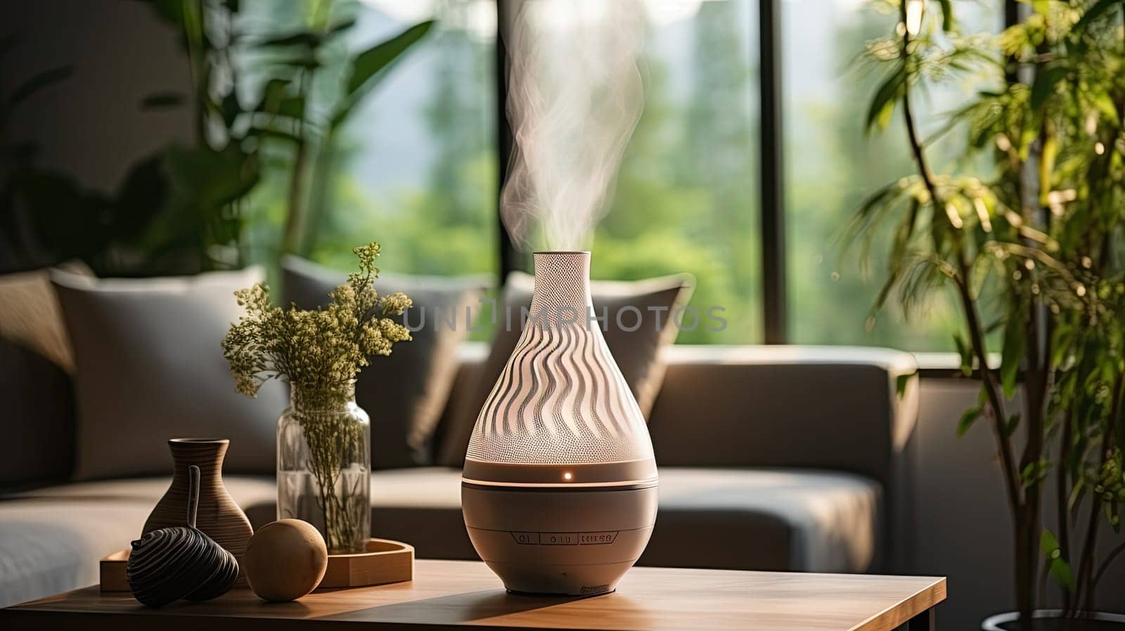 Humidifier on a table in a living room at home blurred background. Humidifier with white steam jet in cozy interior design, commercial photo for catalog. Generative AI