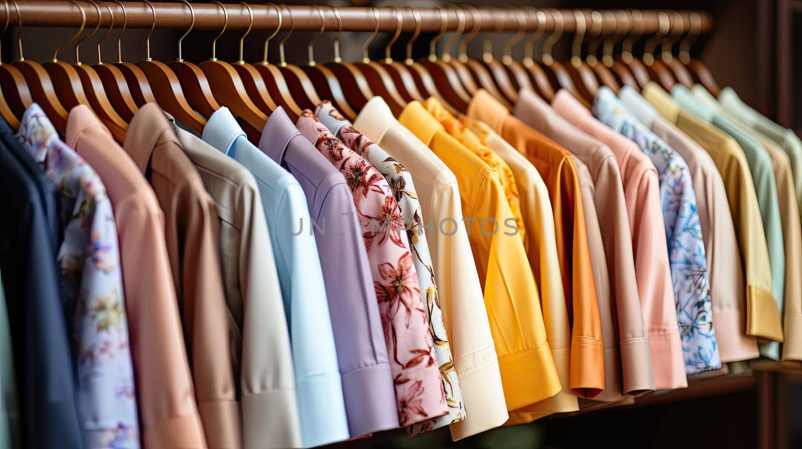 Summer closet, dresses and shirts on hangers. Creative concept of women's clothing showroom, designer dresses store. Fashionable women's closet wallpaper, Generative AI