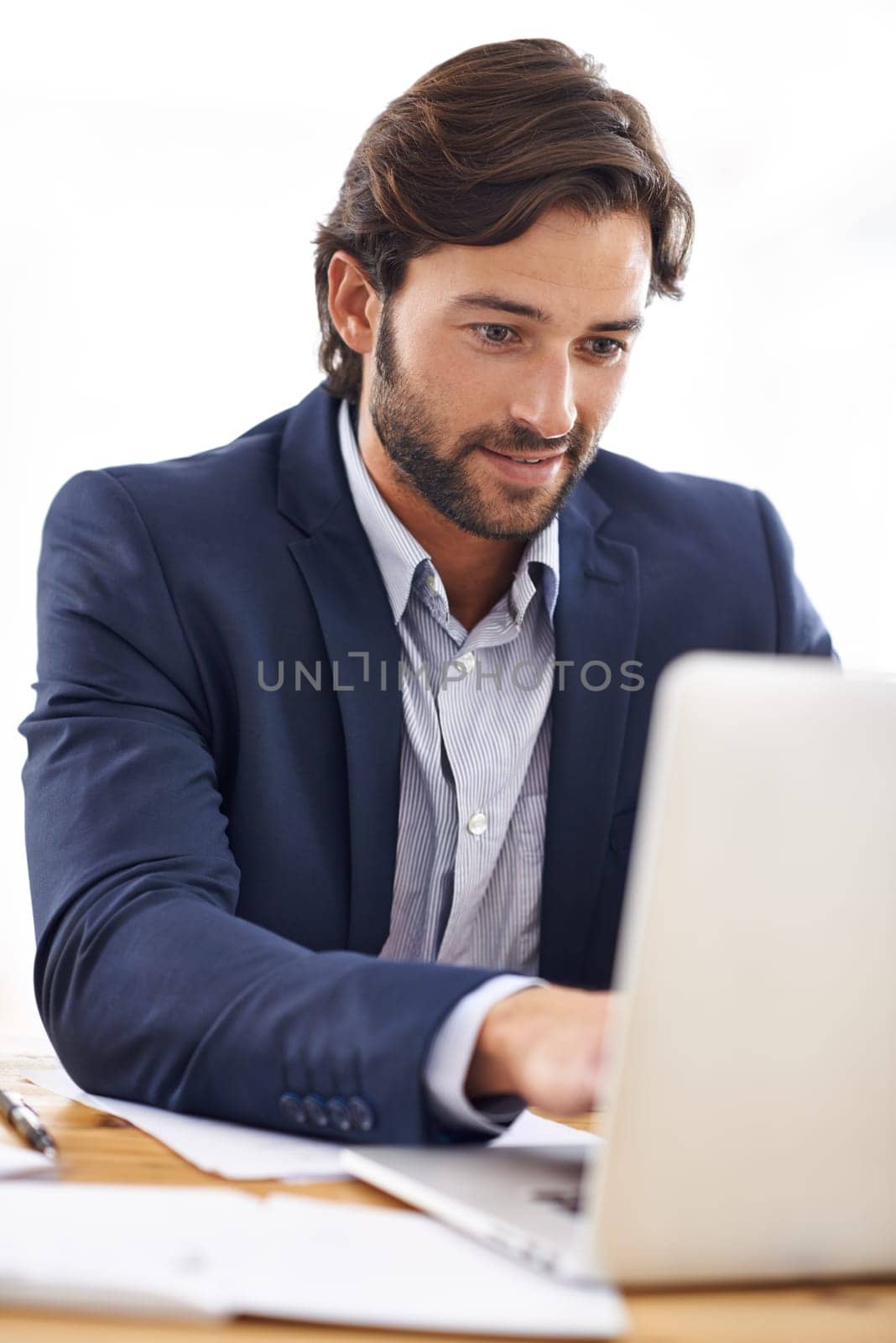 Typing, report and businessman on laptop with project, investment and research in stocks. Investor, review and planning on computer with email, communication or analysis of information on website.