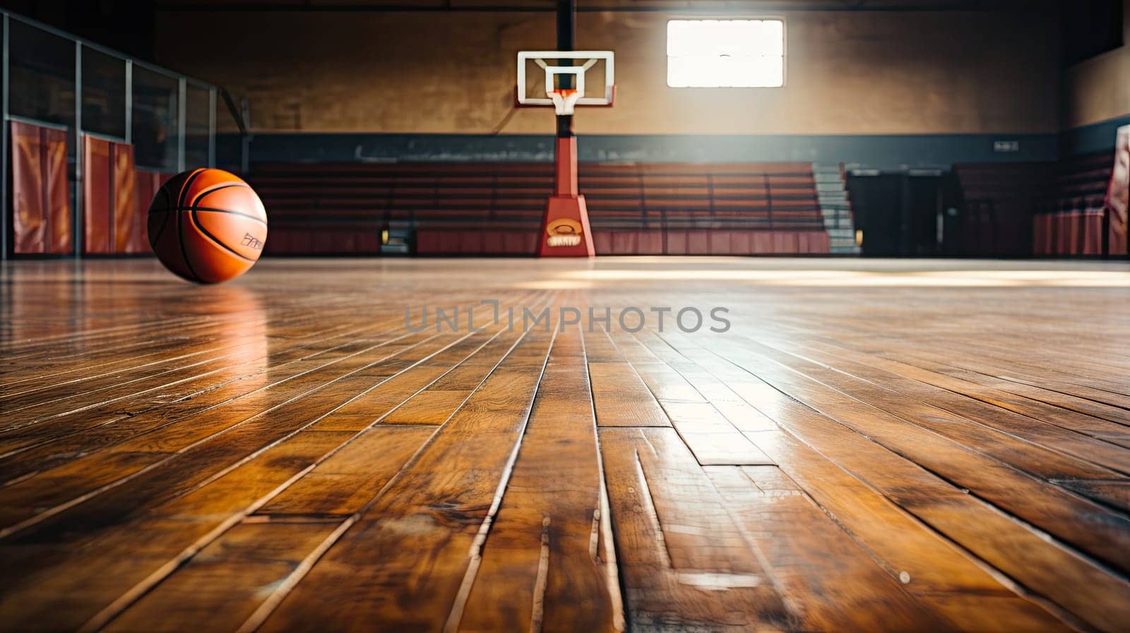 Basketball in the sport arena, Empty Indoor basketball court. Horizontal panoramic wallpaper with copy space. Generative AI