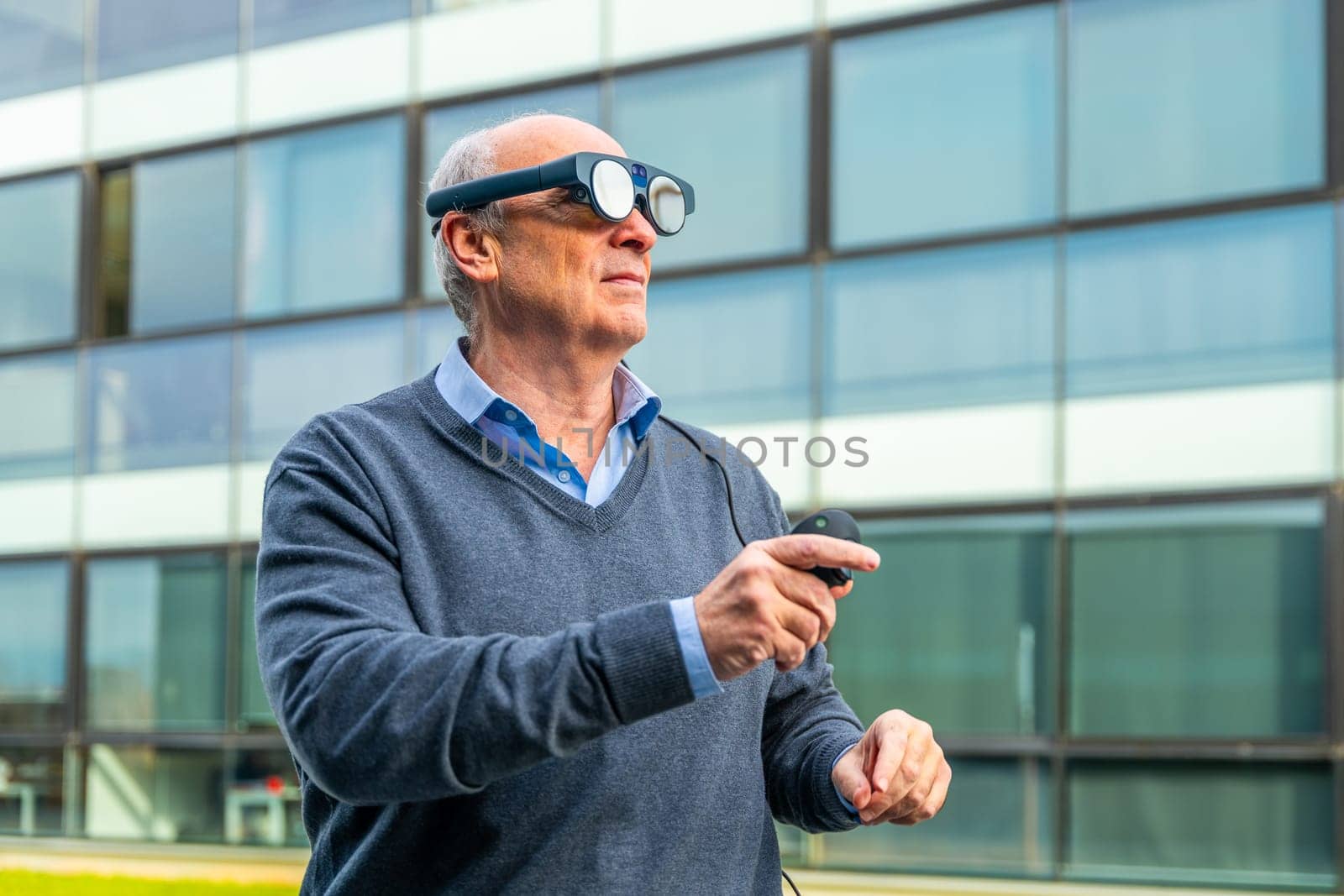 Aged man using futuristic augmented mixed vision headset by Huizi
