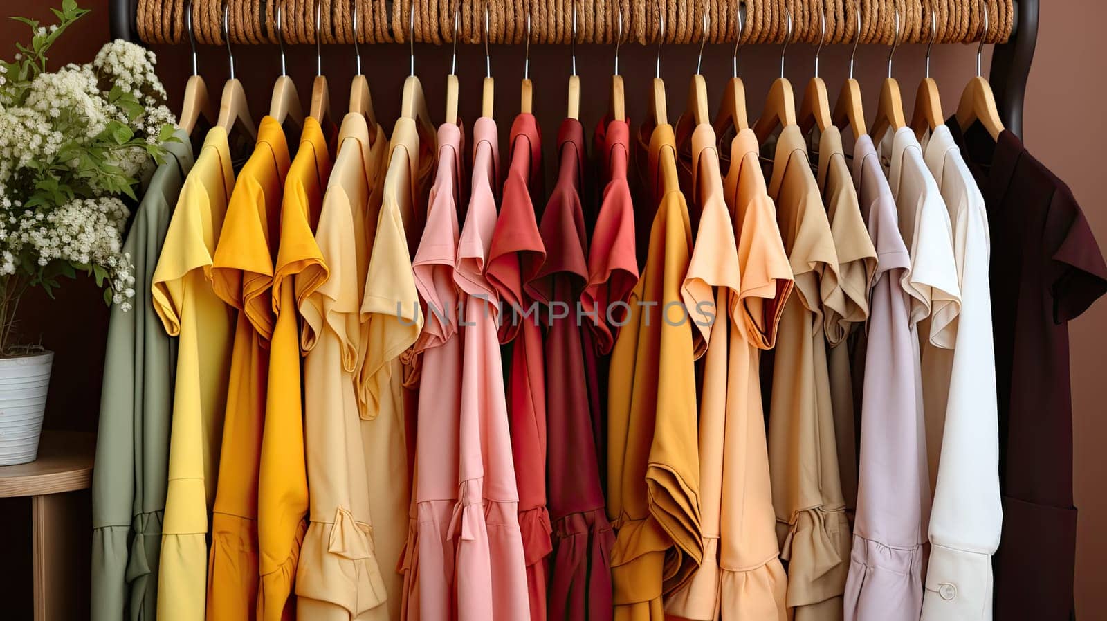 Summer closet, dresses and shirts on hangers. Creative concept of women's by AnatoliiFoto