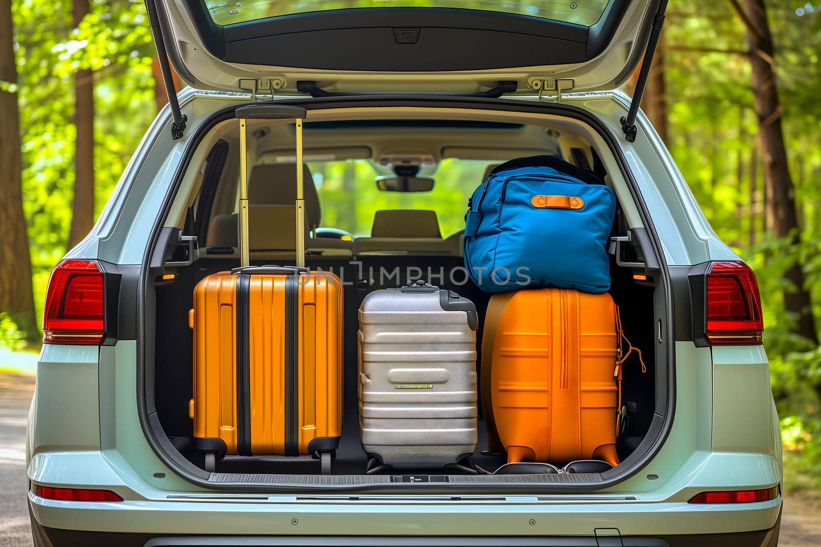 modern SUV car trunk open and full of suitcases and bags to return from summer holidays by z1b