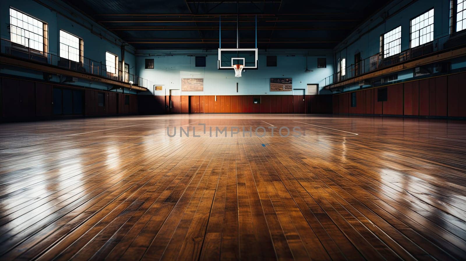 Basketball in sport arena, Empty Indoor basketball court. Horizontal panoramic by AnatoliiFoto