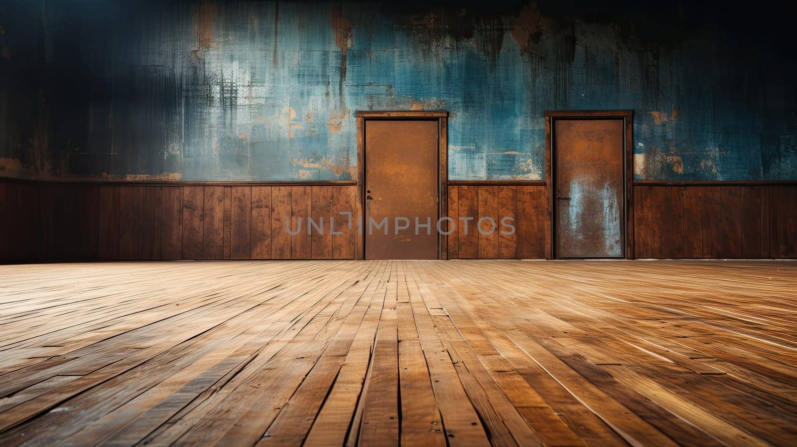 Basketball in the sport arena, Empty Indoor basketball court. Horizontal panoramic wallpaper with copy space. Generative AI