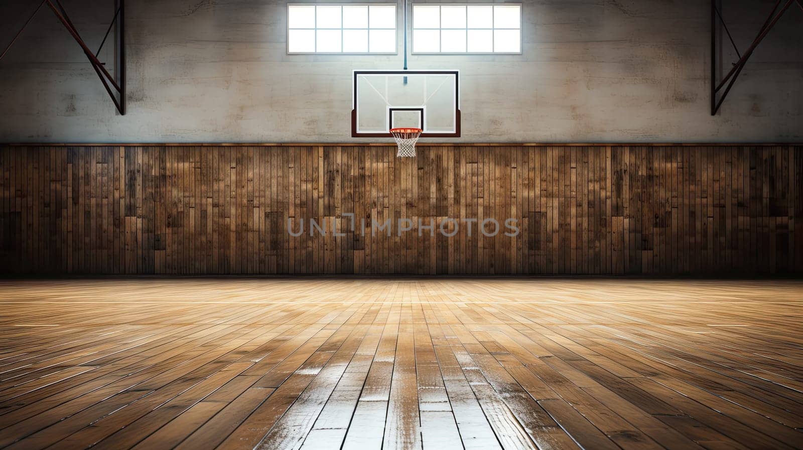 Basketball in the sport arena, Empty Indoor basketball court. Horizontal panoramic wallpaper with copy space. Generative AI