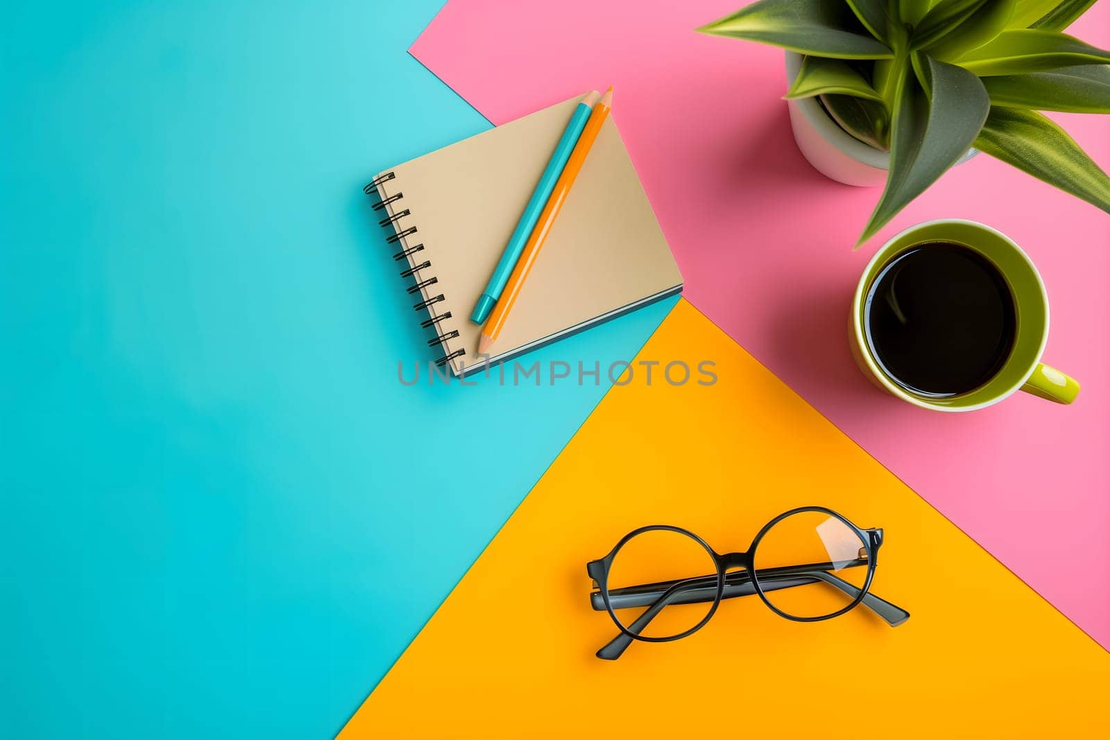 colorful flat-lay background with notebook, glasses. pens and pencils with coffee mug by z1b