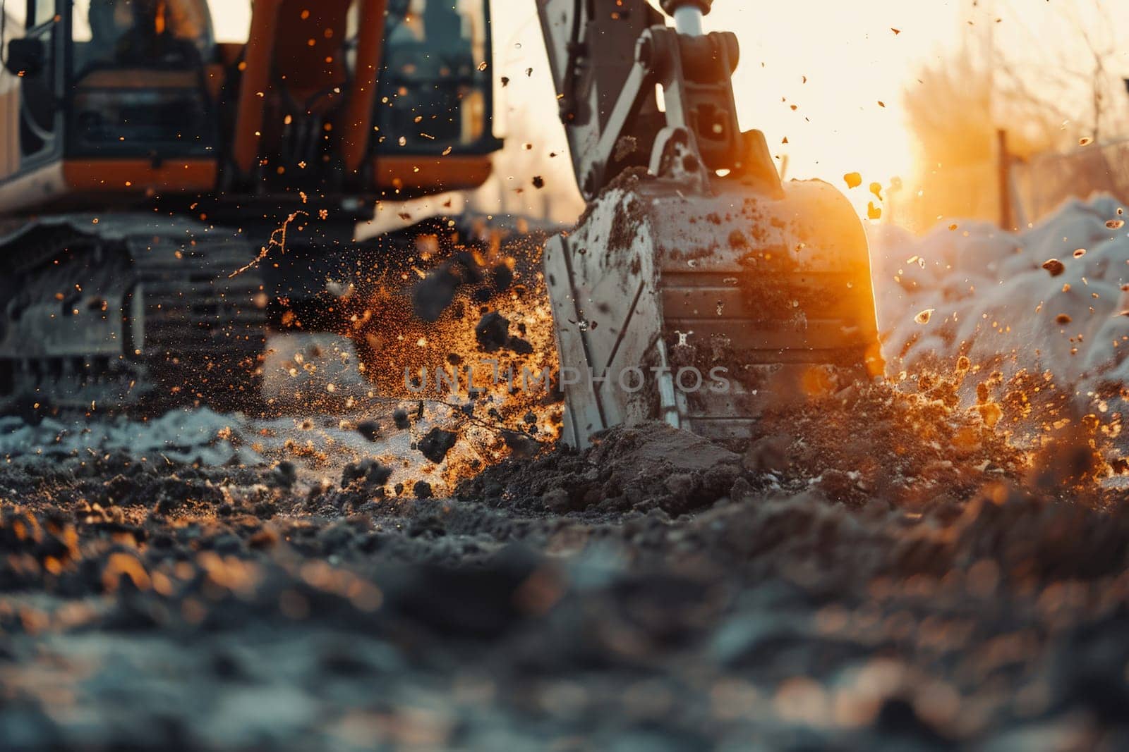 Excavator, excavator on a construction site with sunset background, Construction machinery.