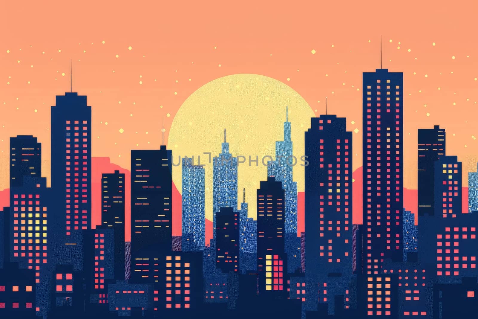 City skyline abstract illustration wallpaper background, telecommunication data in a city background.