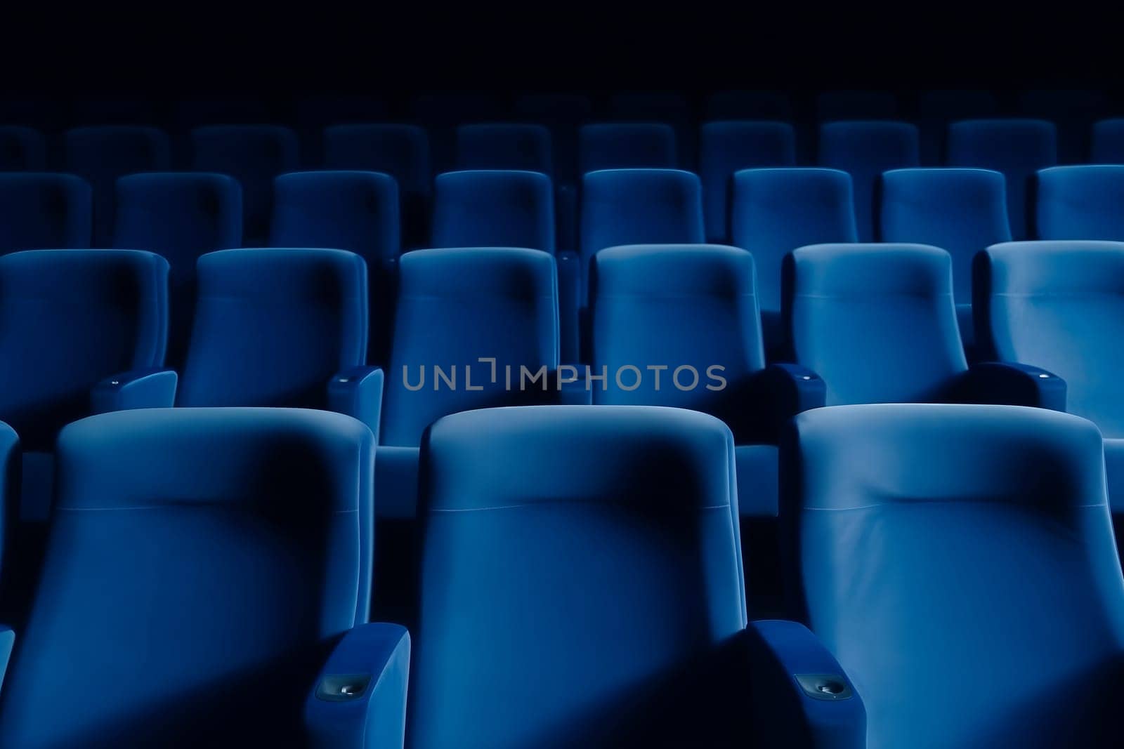 Empty blue seats in cinema, domestic intimacy, zoom in, up close. Neural network generated in January 2024. Not based on any actual scene or pattern.