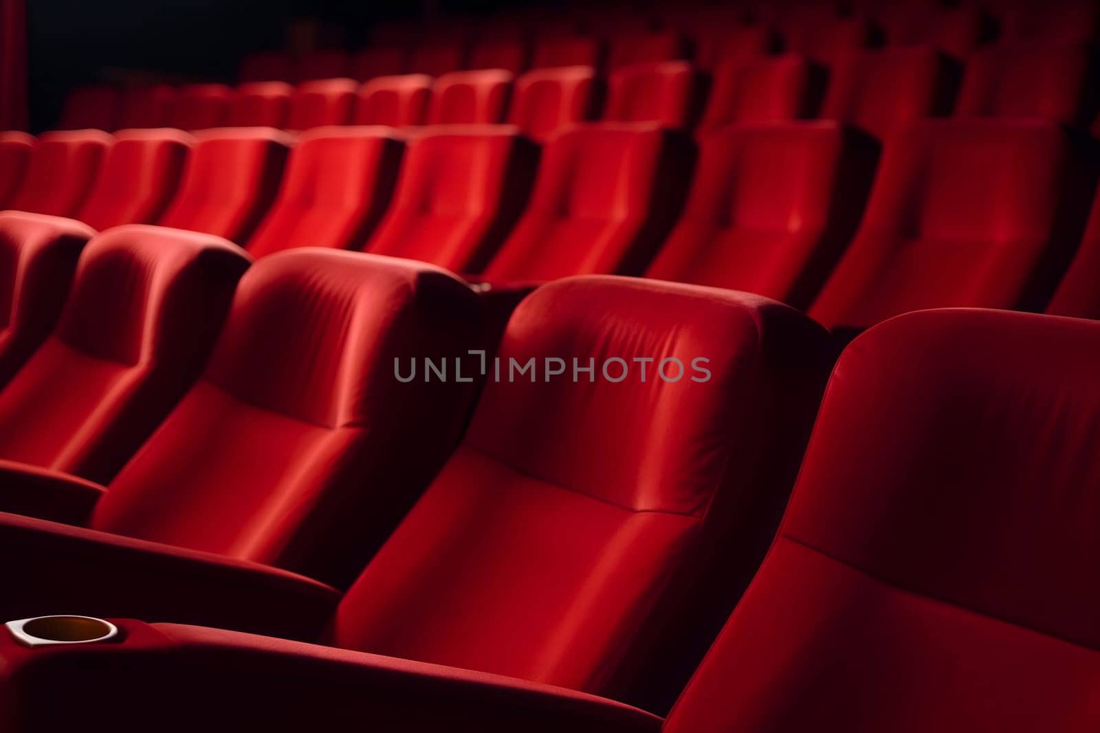 Empty red seats in cinema, domestic intimacy, zoom in, up close. Neural network generated in January 2024. Not based on any actual scene or pattern.