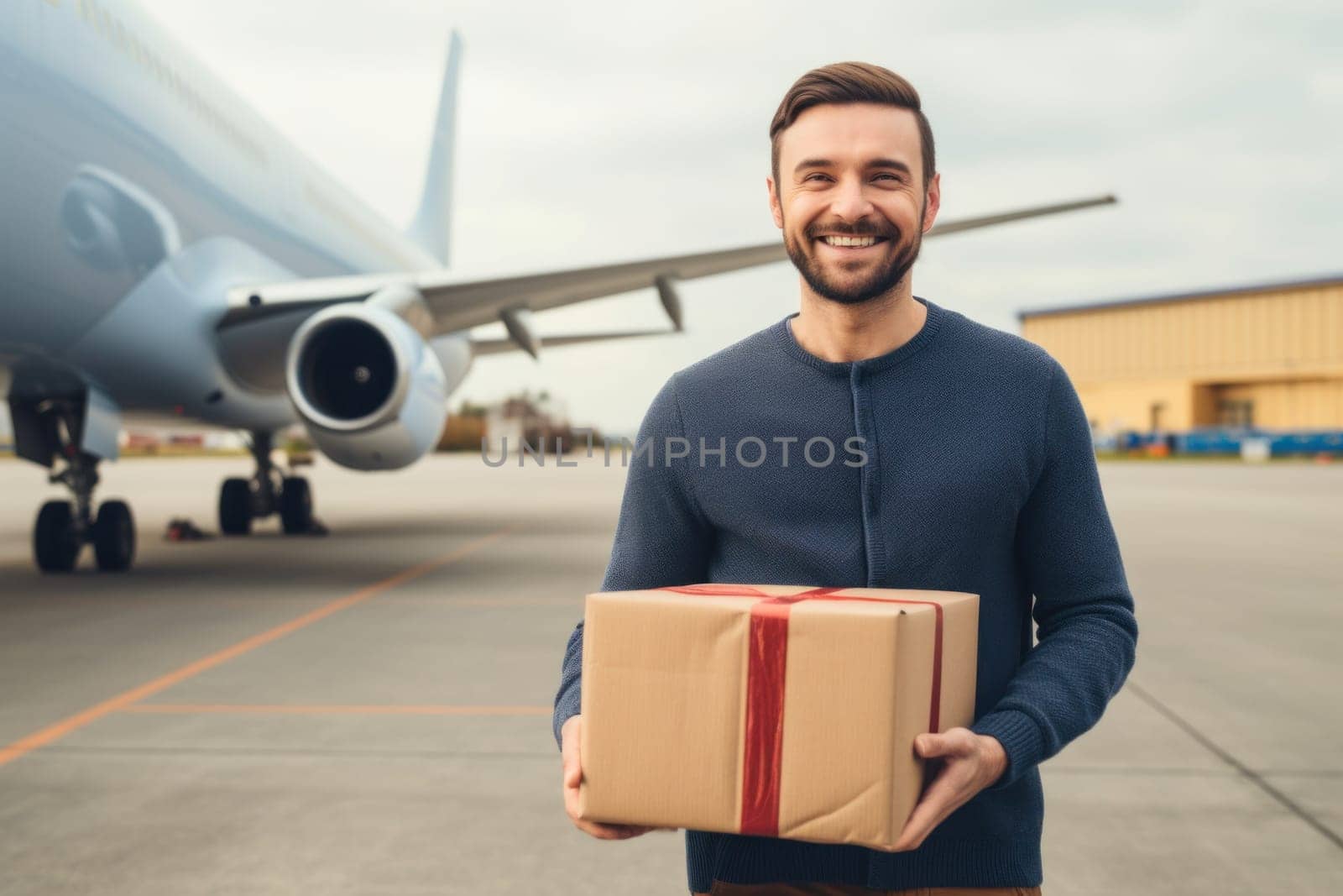 Delivery man delivering a parcel box to customer by cargo plane. Generative AI.