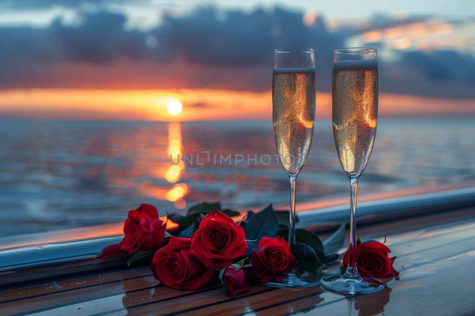 Champagne glasses on the table in Luxury cruise ship. travel concept. Generative AI.
