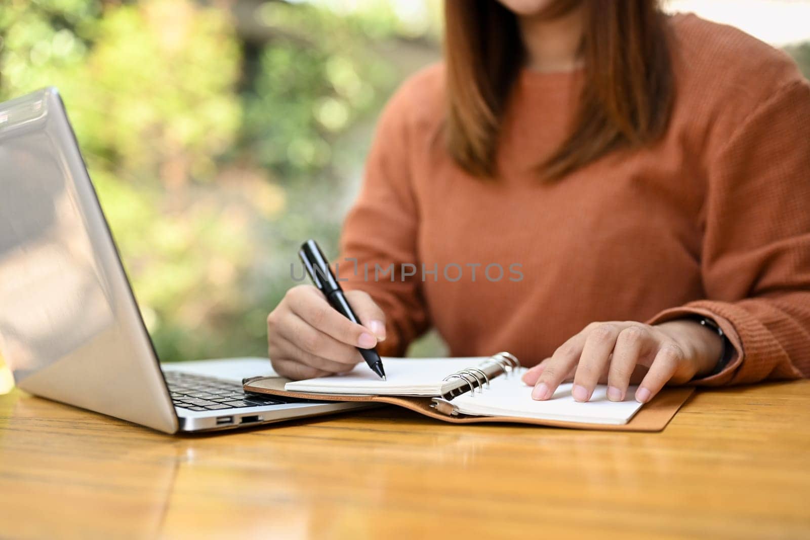 Female freelancer using laptop and writing notes in personal daily planner, planning workday.