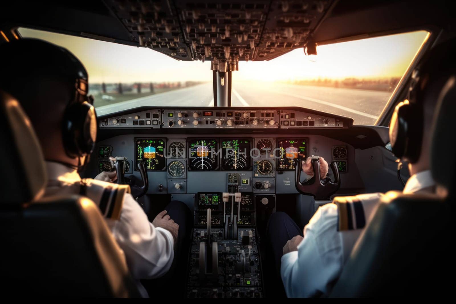 Cockpit of plane inside view, airplane flight deck , generative AI by matamnad