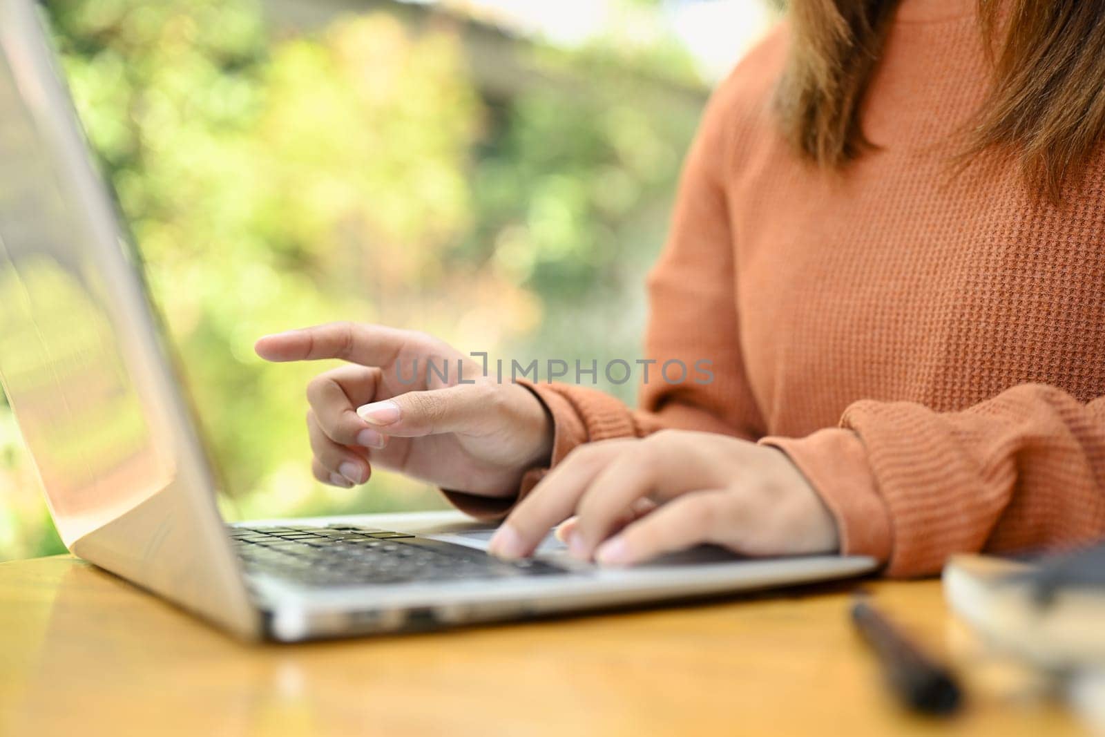 Female freelancer in brown sweater typing on laptop, searching information or working online.