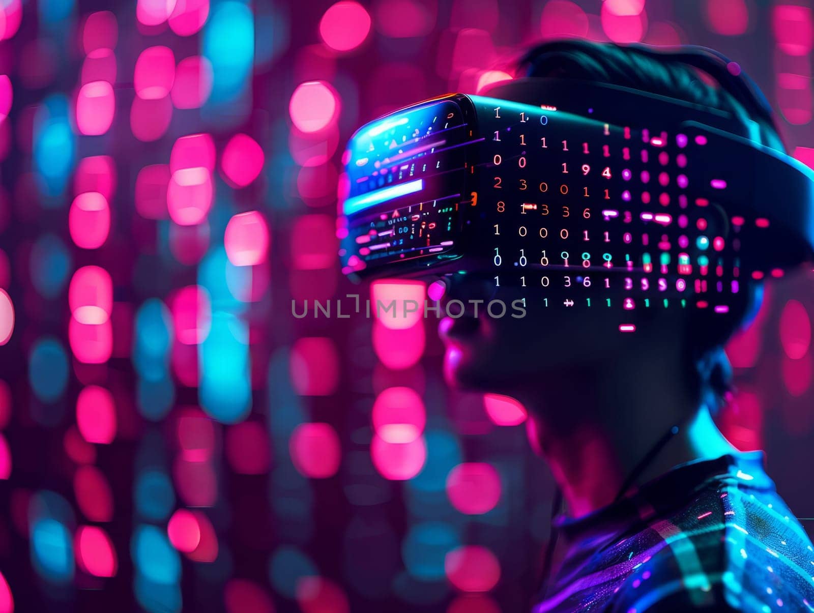 Man wearing Virtual Reality Helmet. VR gaming, cyberspace, cybersecurity, global information concept. Futuristic Cyber Reality with human by iliris