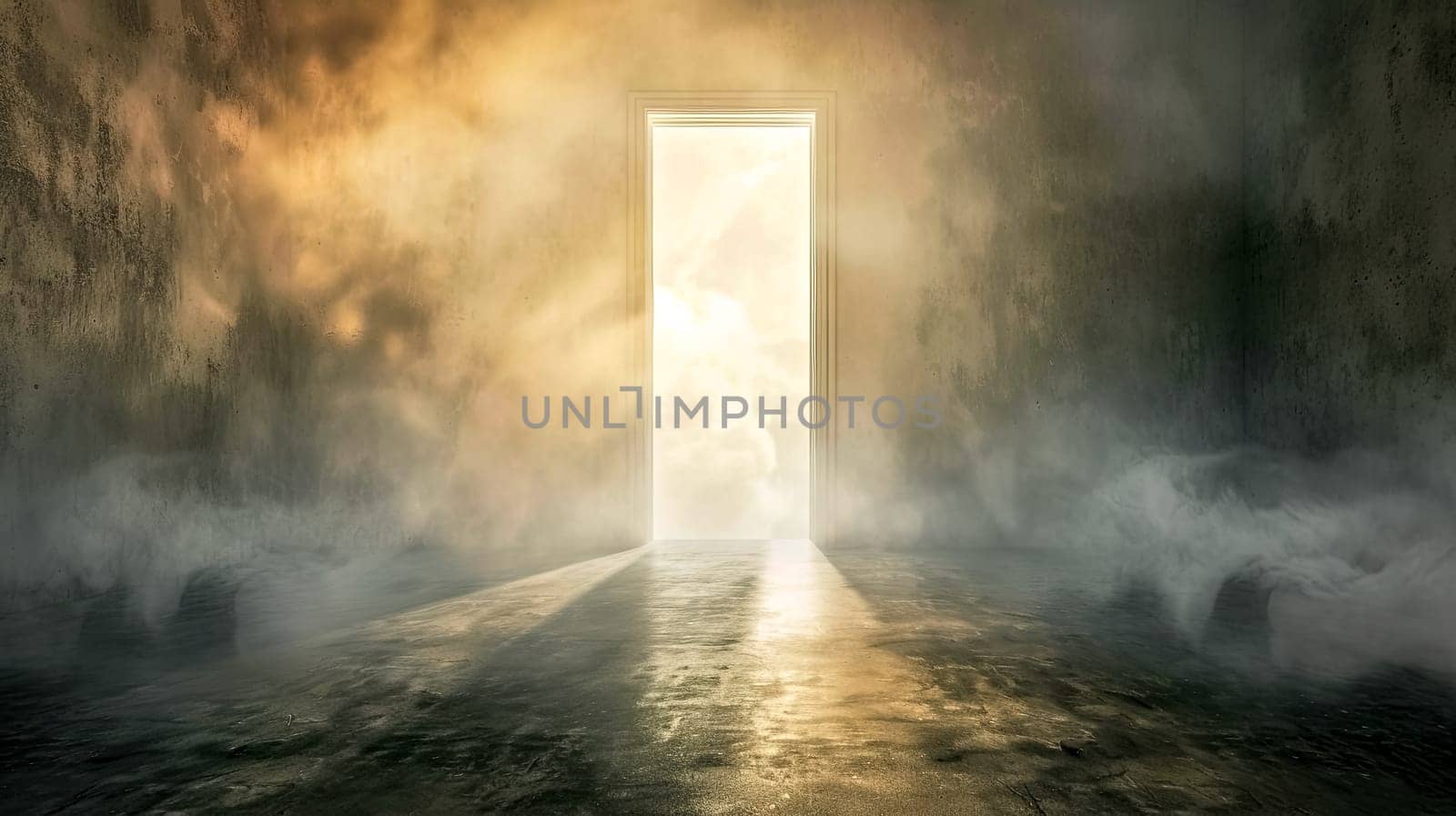 A wooden door is ajar in a dimly lit room, wisps of smoke drifting out. The natural landscape outside is obscured by the haze, creating a mysterious atmosphere