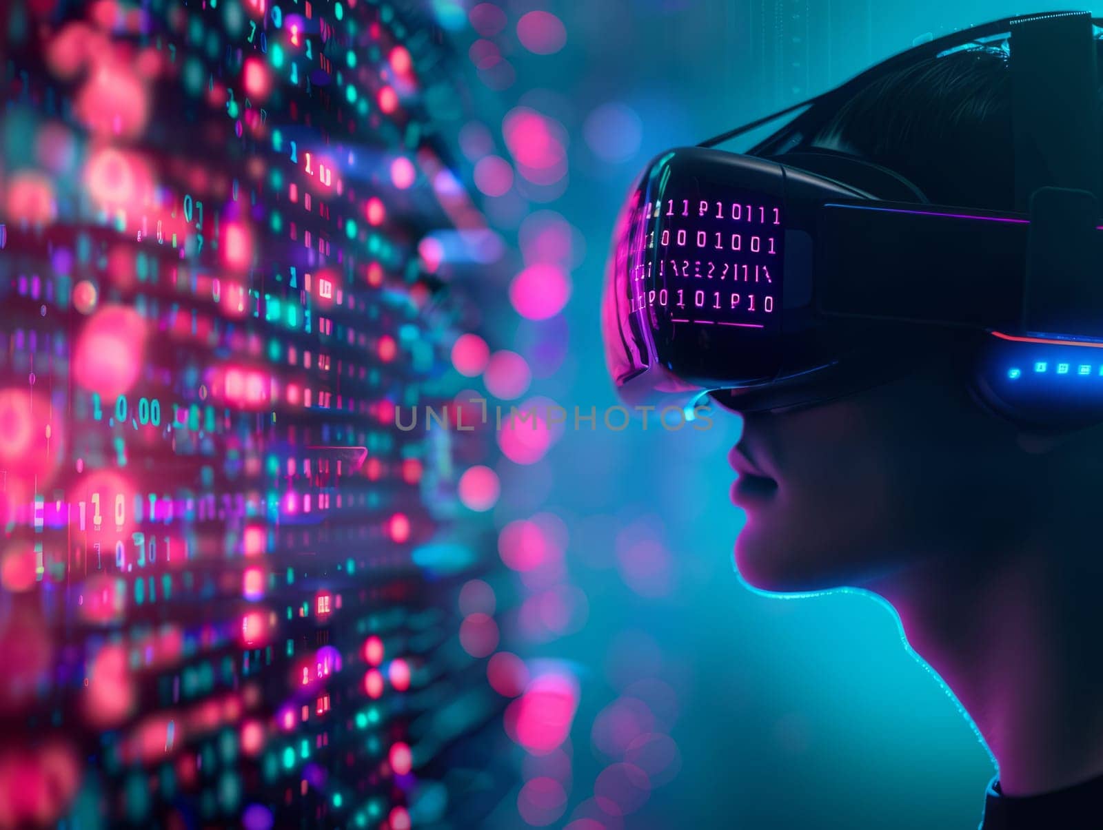 Man wearing Virtual Reality Helmet. VR gaming, cyberspace, cybersecurity, global information concept. Futuristic Cyber Reality with human by iliris