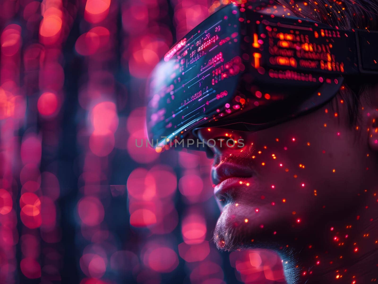 Man wearing Virtual Reality Helmet. VR gaming, cyberspace, cybersecurity, global information concept. Futuristic Cyber Reality with human by iliris