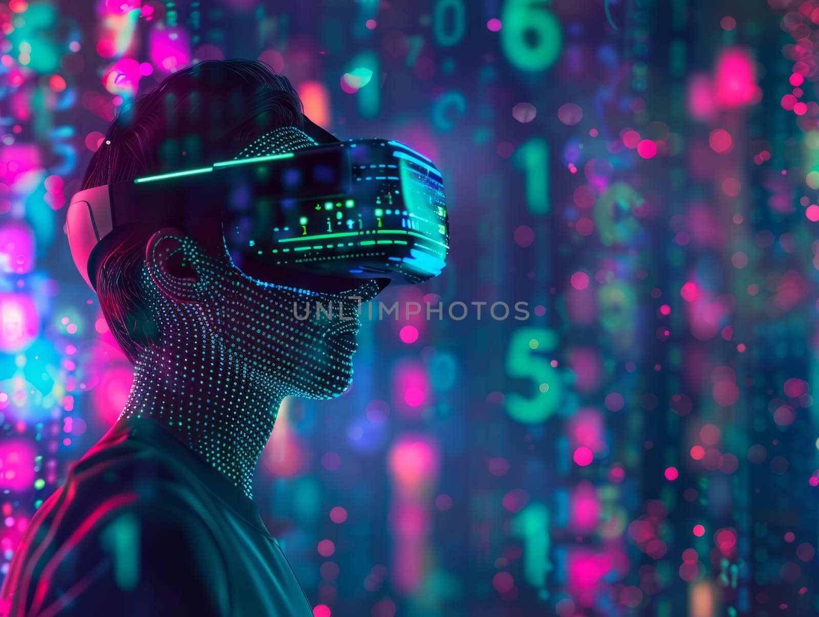 Man wearing Virtual Reality Helmet. VR gaming, cyberspace, cybersecurity, global information concept. Futuristic Cyber Reality with human by iliris