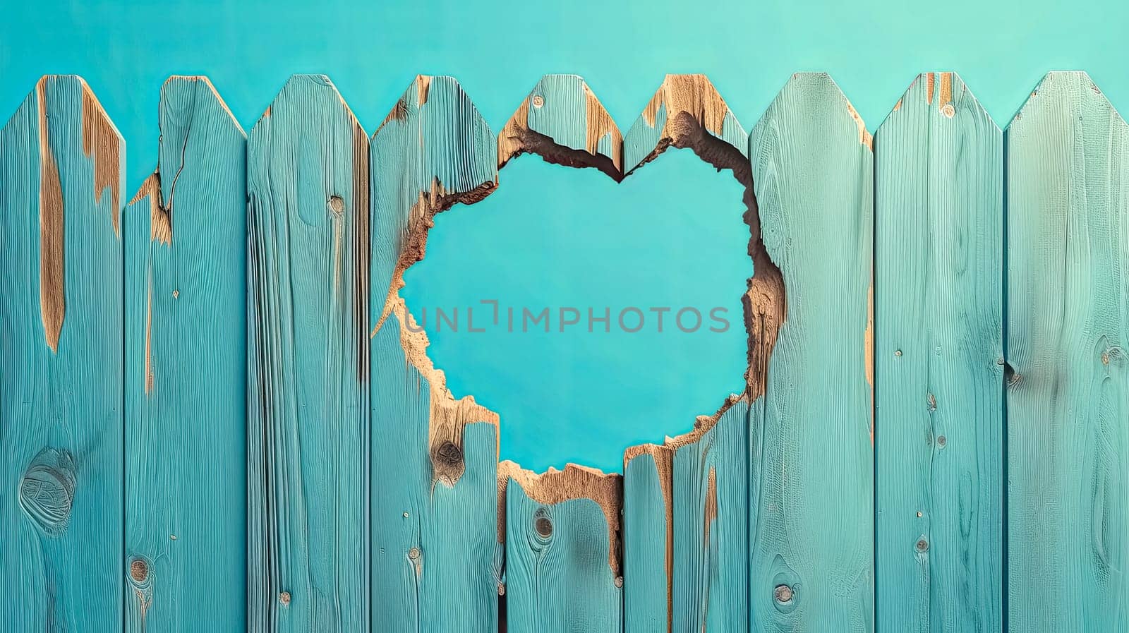 Aqua electric blue rectangle wood fence with heartshaped hole by Edophoto