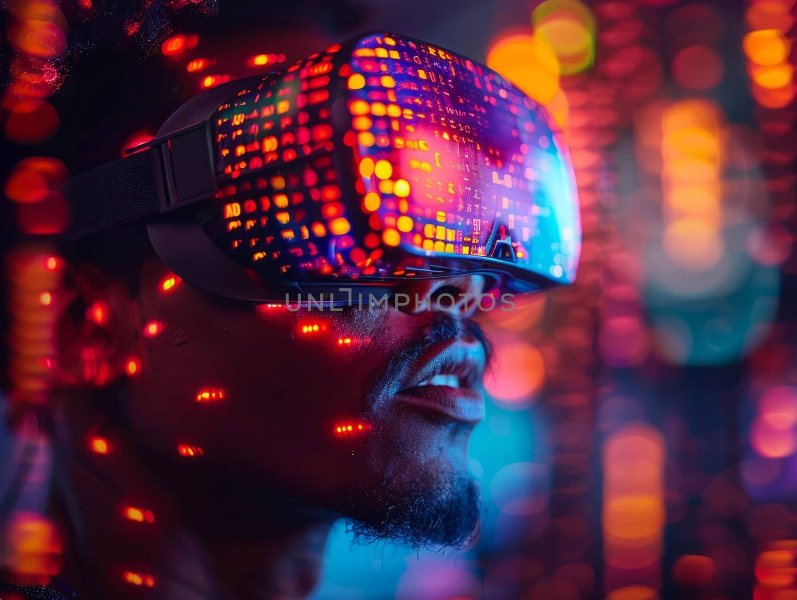 Man wearing Virtual Reality Helmet. VR gaming, cyberspace, cybersecurity, global information concept. Futuristic Cyber Reality with human by iliris