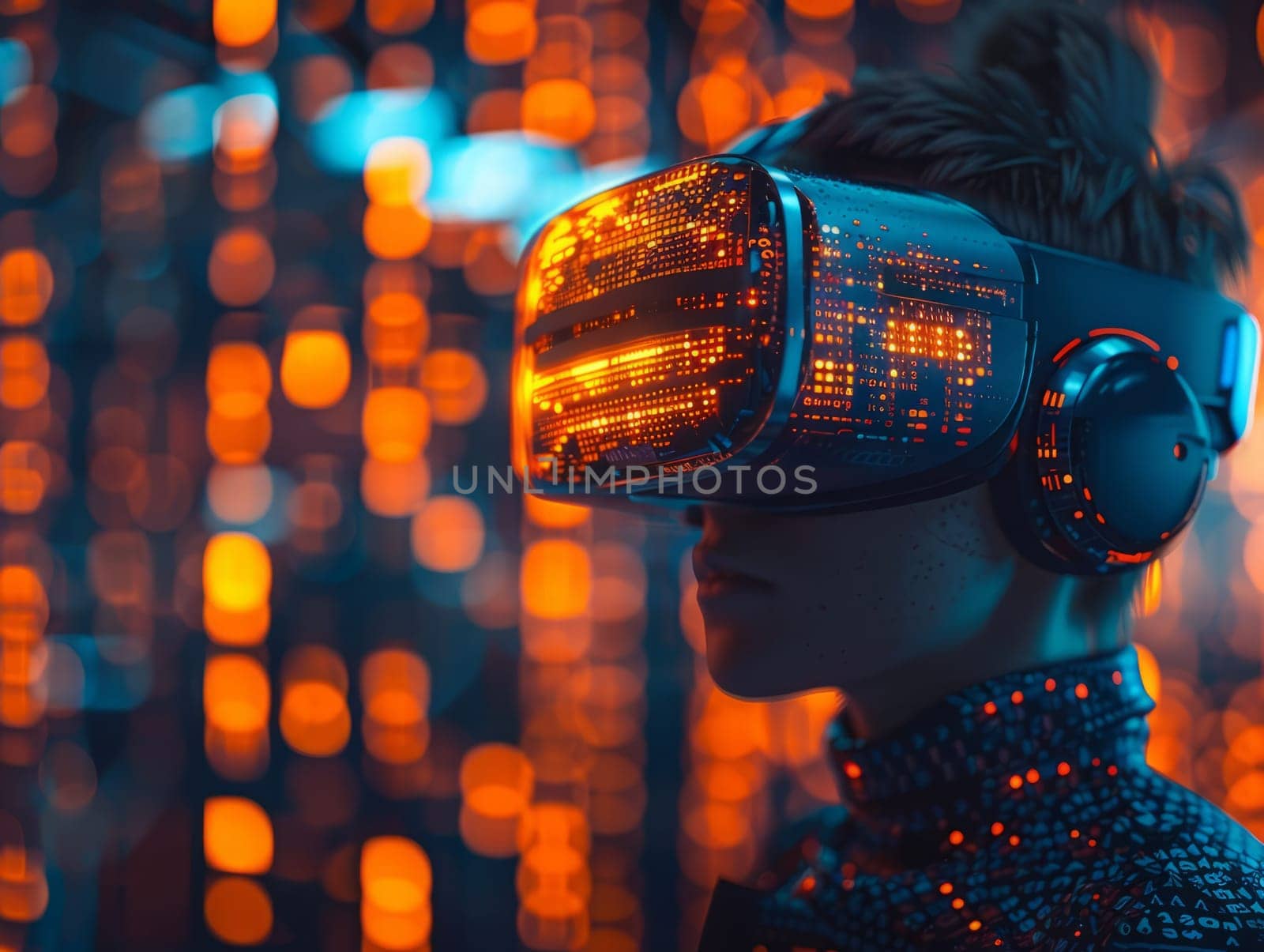 Man wearing Virtual Reality Helmet. VR gaming, cyberspace, cybersecurity, global information concept. Futuristic Cyber Reality with human by iliris