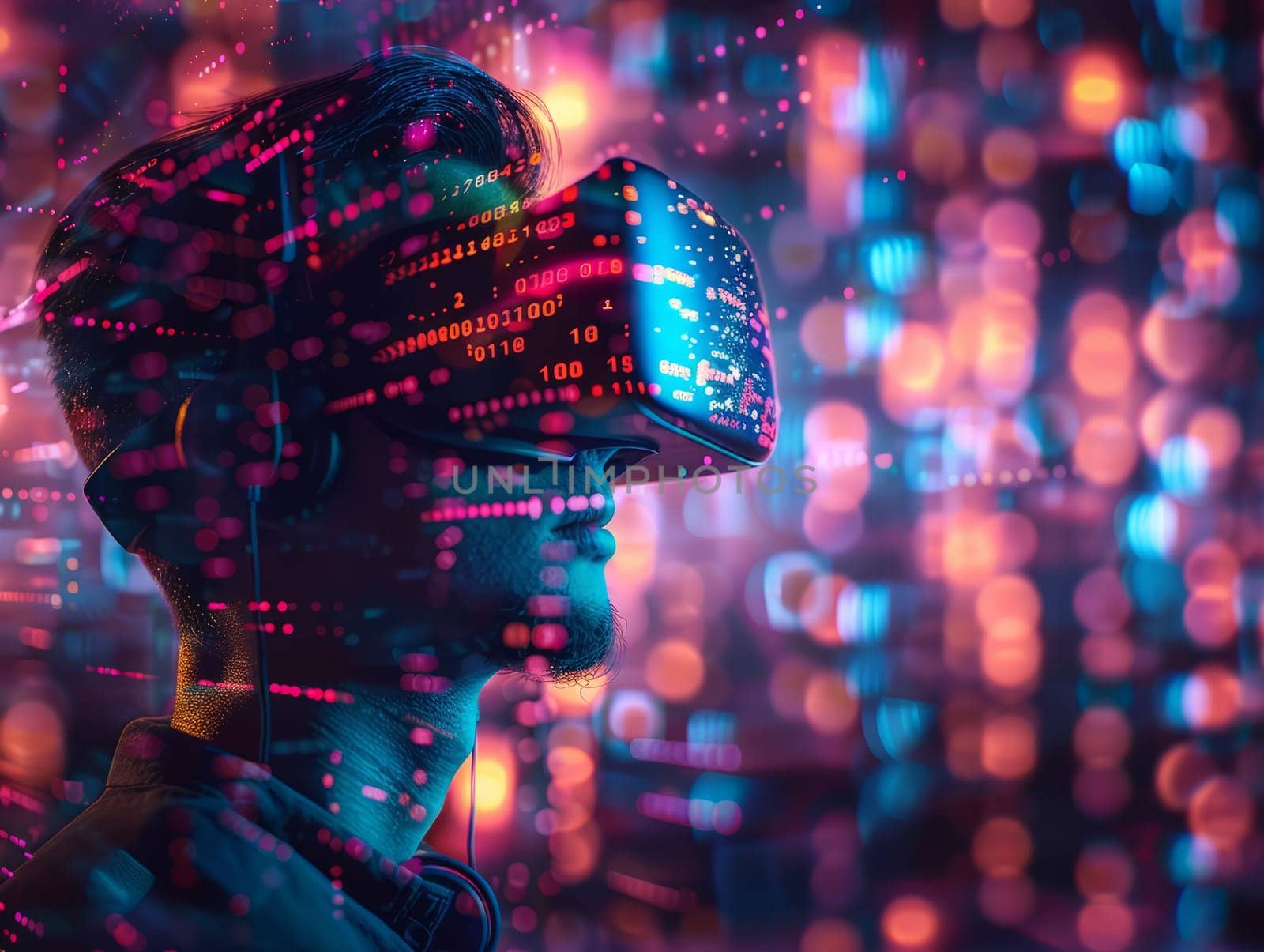 Man wearing Virtual Reality Helmet. VR gaming, cyberspace, cybersecurity, global information concept. Futuristic Cyber Reality with human by iliris