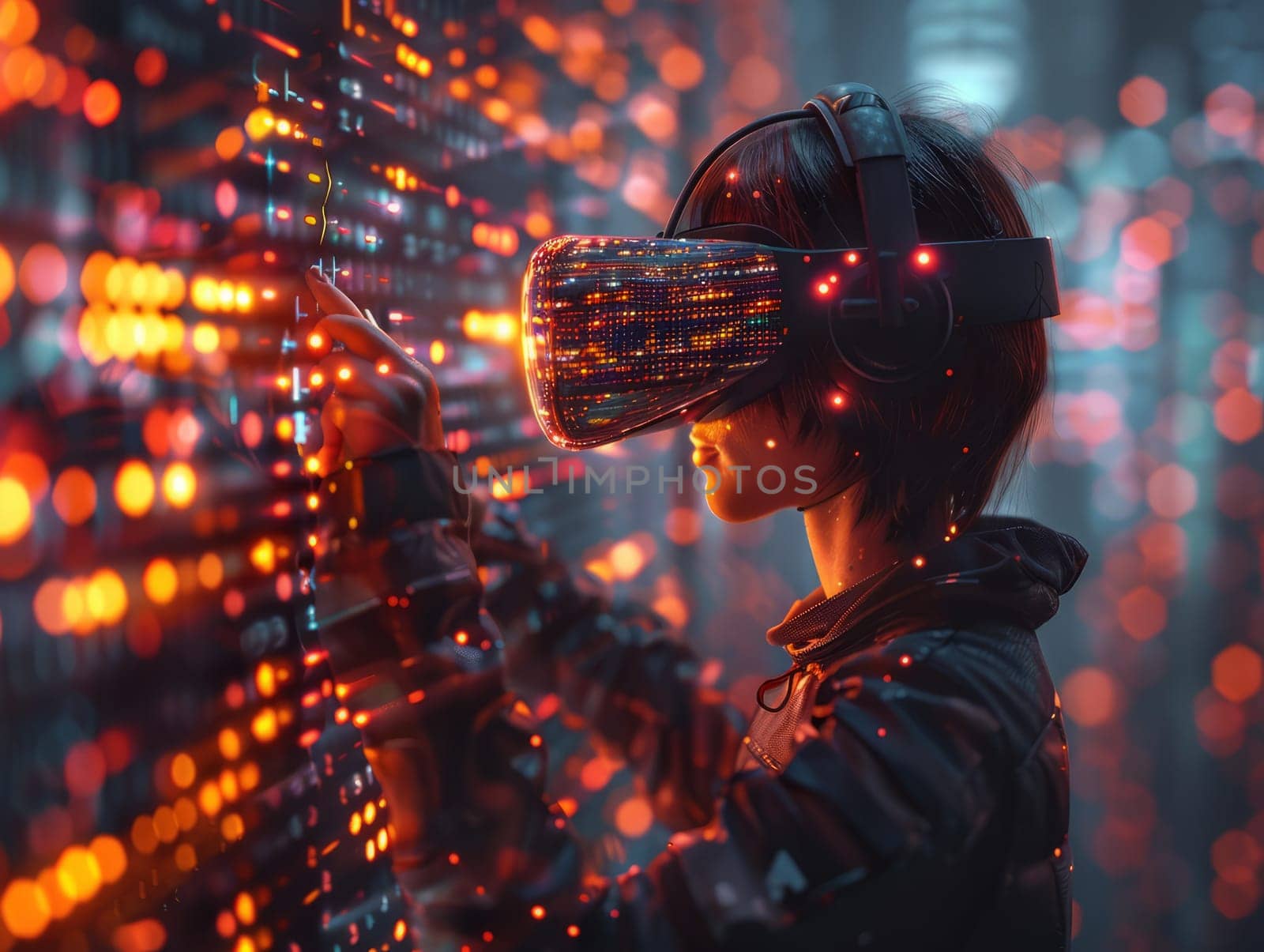 Man wearing Virtual Reality Helmet. VR gaming, cyberspace, cybersecurity, global information concept. Futuristic Cyber Reality with human by iliris