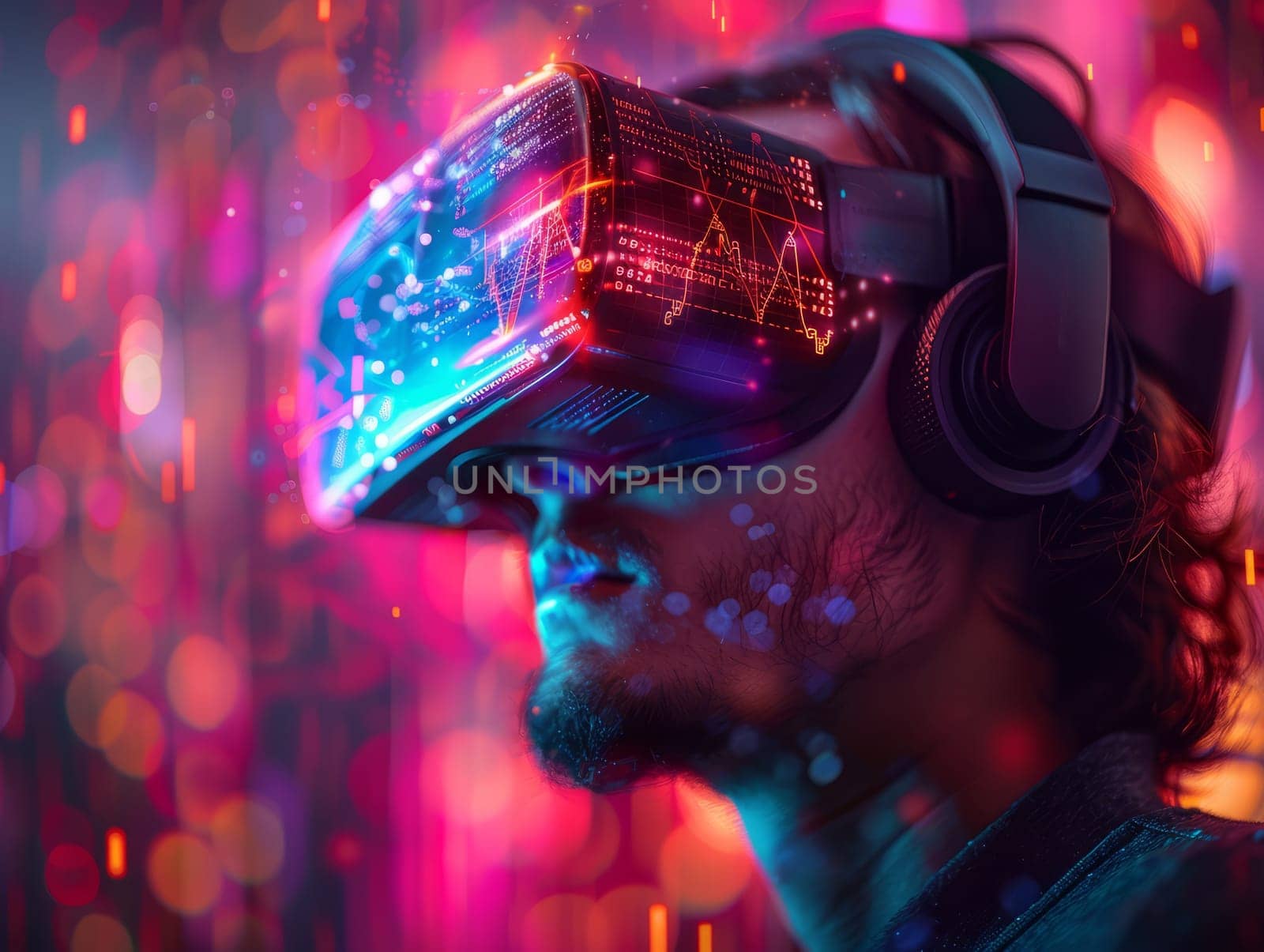 Man wearing Virtual Reality Helmet. VR gaming, cyberspace, cybersecurity, global information concept. Futuristic Cyber Reality with human by iliris