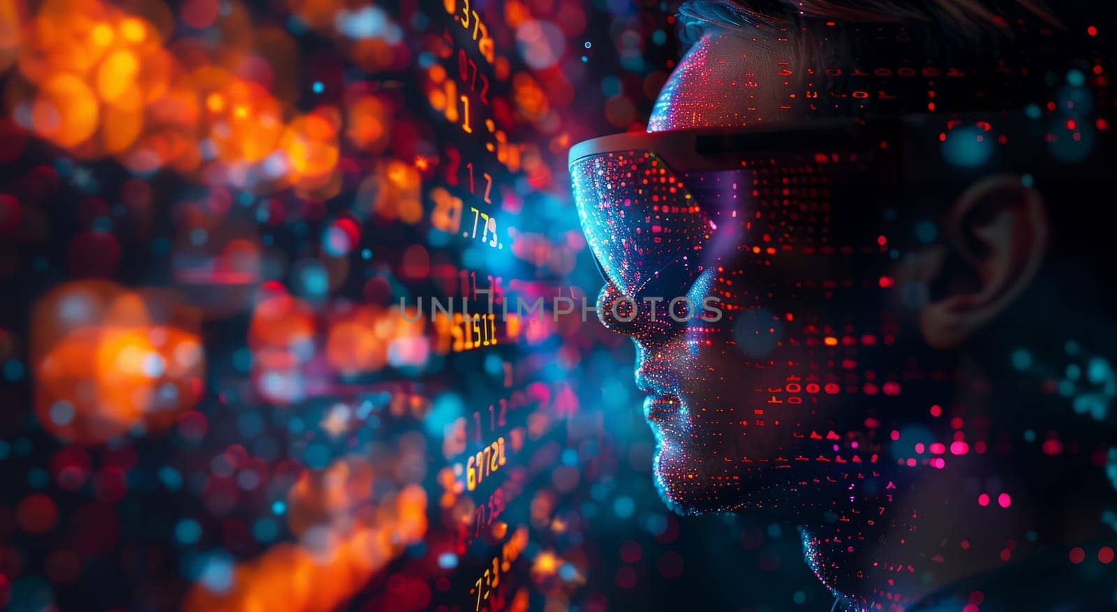 Man wearing Virtual Reality Helmet. VR gaming, cyberspace, cybersecurity, global information concept. Futuristic Cyber Reality with human by iliris