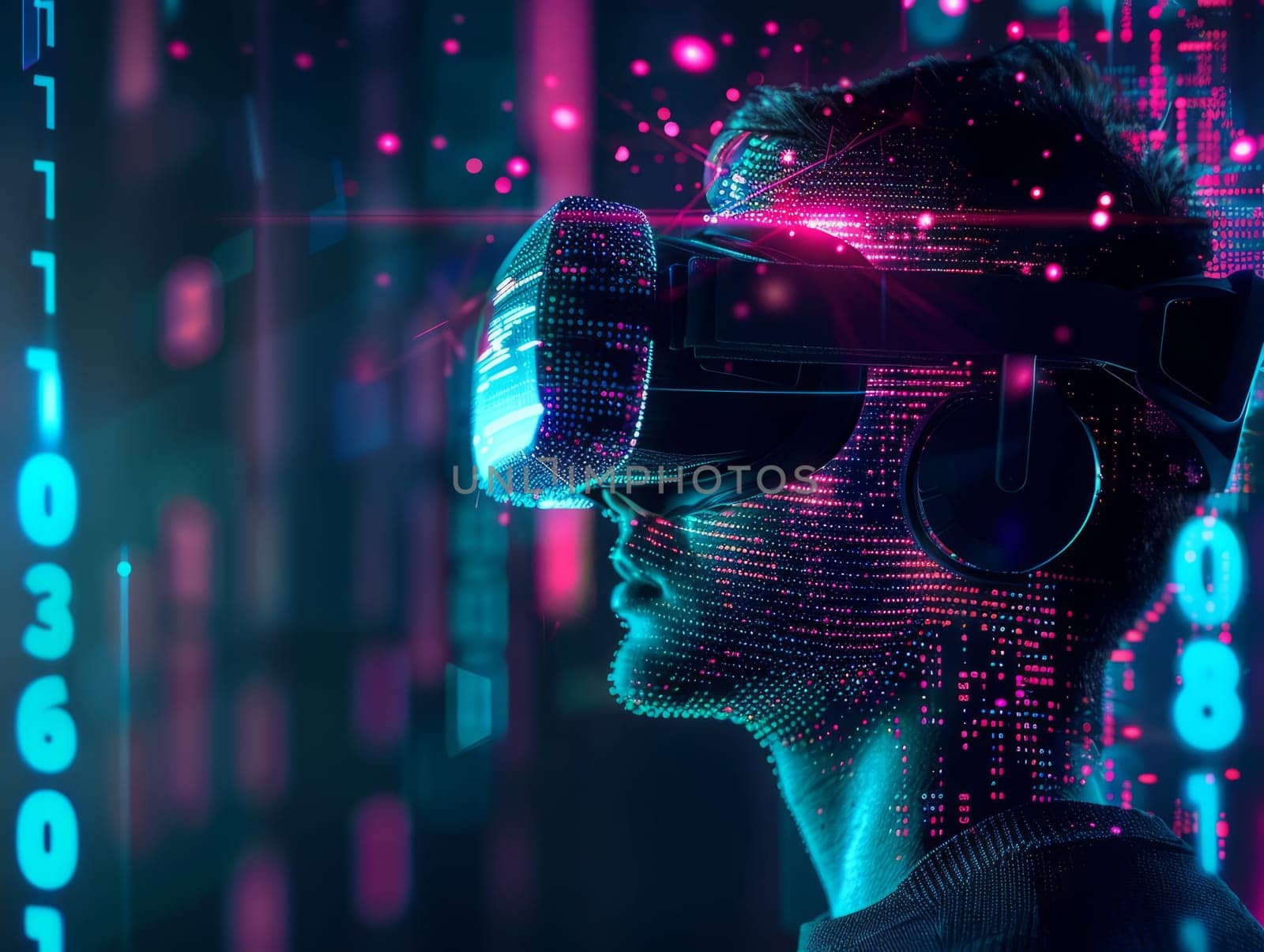 Man wearing Virtual Reality Helmet. VR gaming, cyberspace, cybersecurity, global information concept. Futuristic Cyber Reality with human by iliris