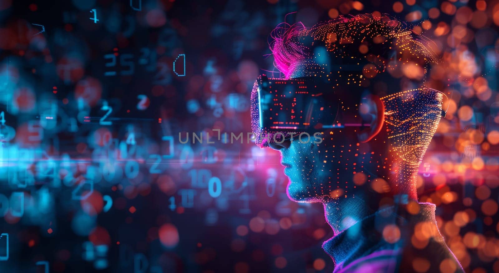 Man wearing Virtual Reality Helmet. VR gaming, cyberspace, cybersecurity, global information concept. Futuristic Cyber Reality with human by iliris