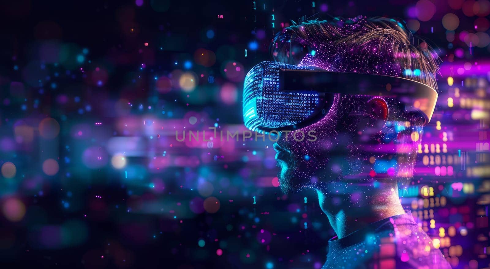 Man wearing Virtual Reality Helmet. VR gaming, cyberspace, cybersecurity, global information concept. Futuristic Cyber Reality with human by iliris