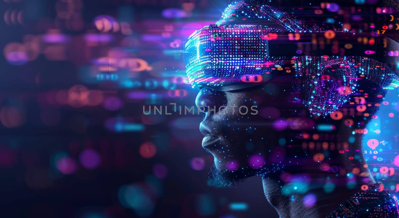 Man wearing Virtual Reality Helmet. VR gaming, cyberspace, cybersecurity, global information concept. Futuristic Cyber Reality with human by iliris