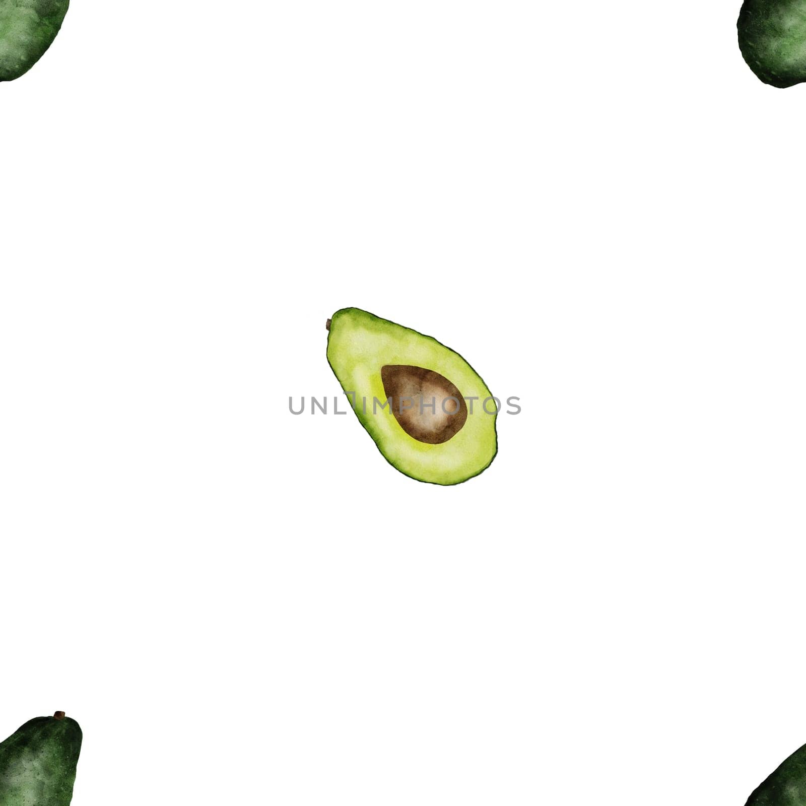 Watercolor seamless avocado pattern. Ripe exotic fruit on a white background. For the design of kitchen textiles and packaging for a fresh food store. Vegetable pattern. High quality illustration