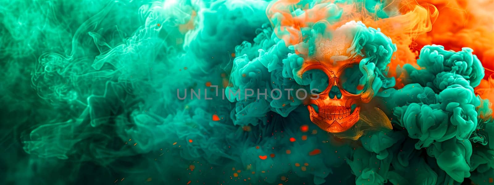 Abstract Skull with Colorful Smoke Art in Green and Orange Tones by Edophoto