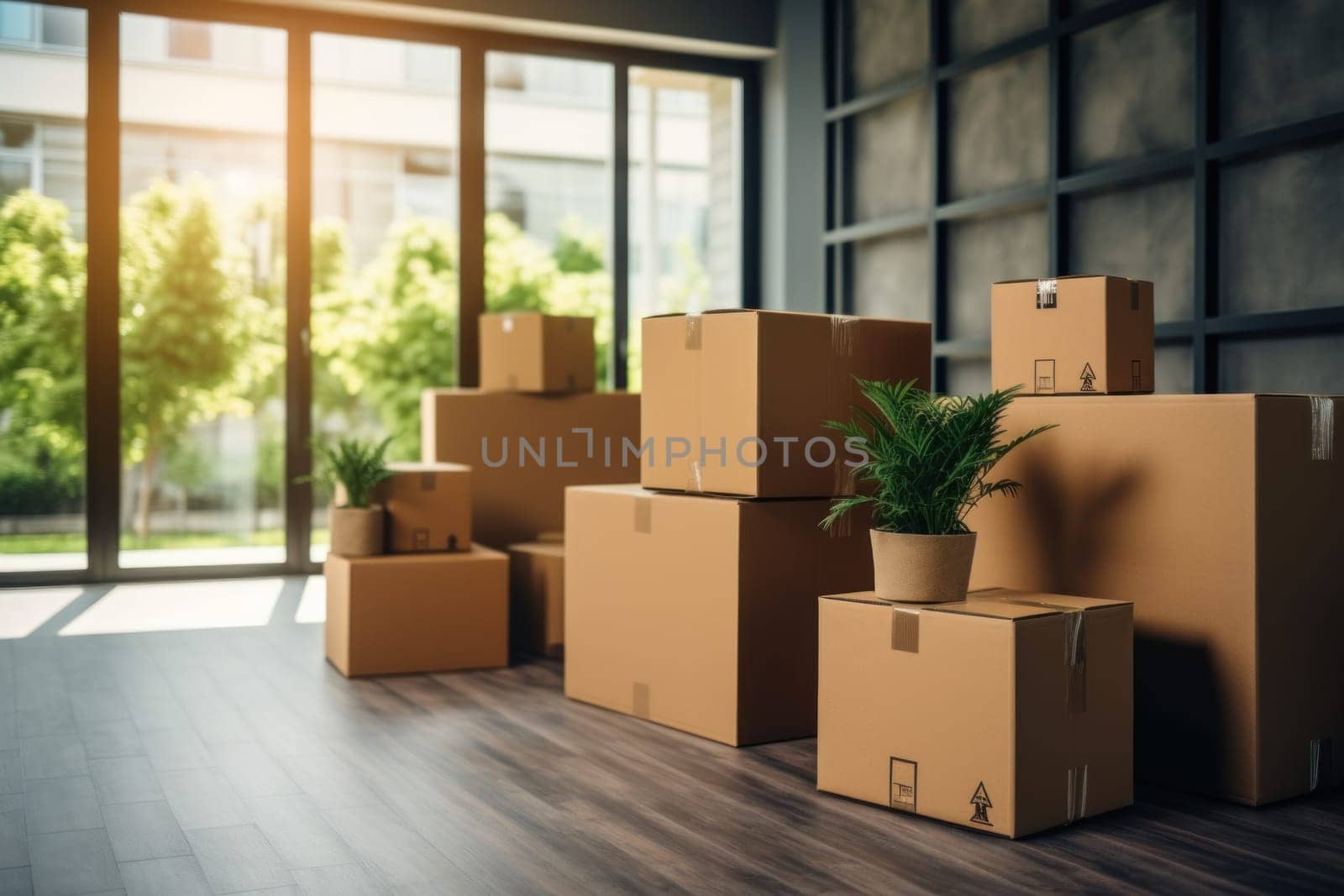 Move concept. Cardboard boxes and cleaning things for moving into a new home. Generative AI by matamnad