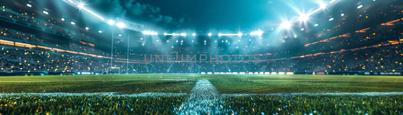 soccer or football stadium with green grass. advertising banner concept. Generative AI by itchaznong