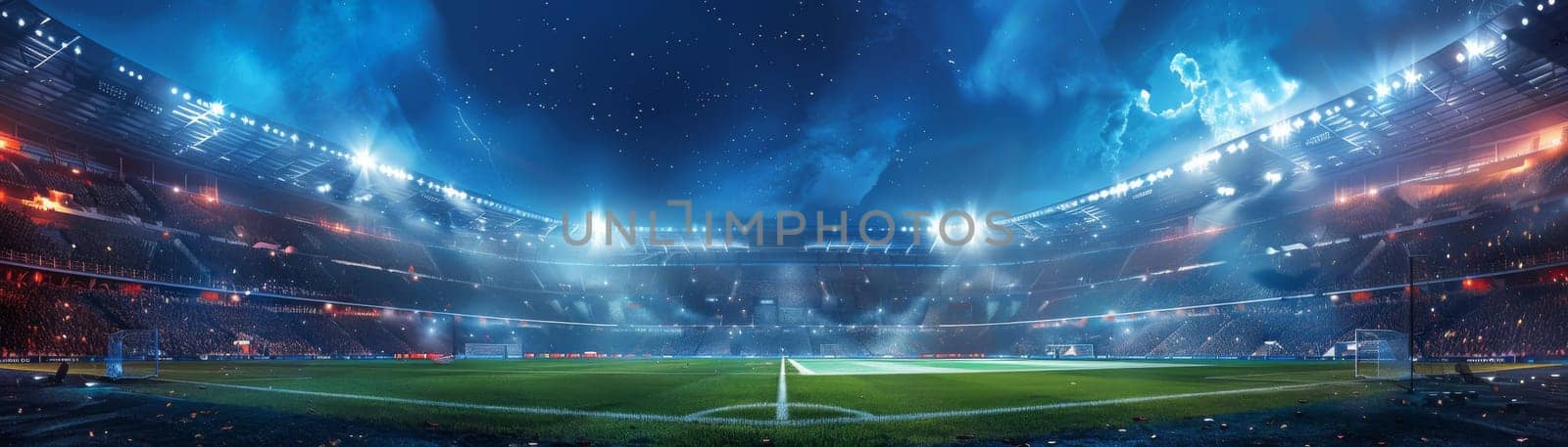 soccer or football stadium with green grass. advertising banner concept. Generative AI by itchaznong