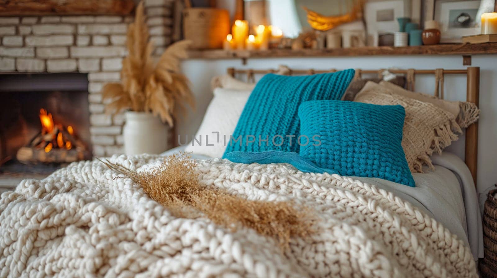 Bed with blue and beige pillows and bedspreads. Interior design of a modern bedroom.
