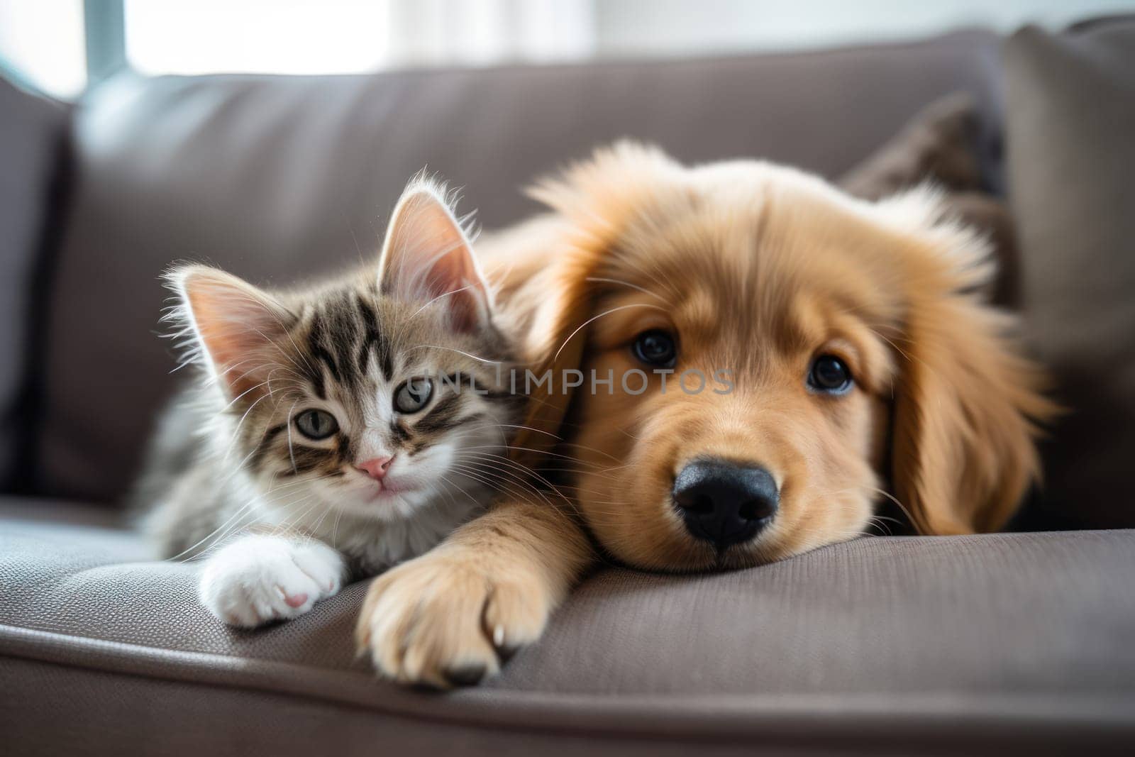 a puppy and a kitten sleep on a sofa. Generative AI.