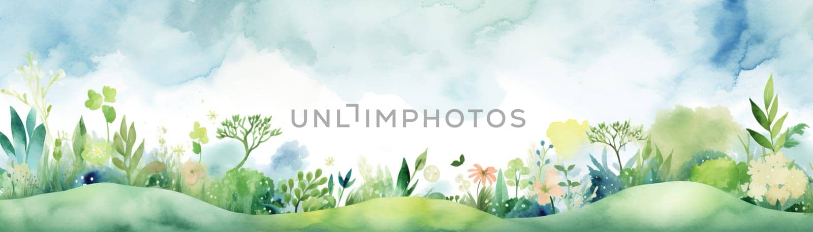 Watercolor background with plants, perfect for Earth Day themes, spring events, eco-friendly branding, and serene nature-inspired projects with ample copy space. Panoramic banner. Generative AI