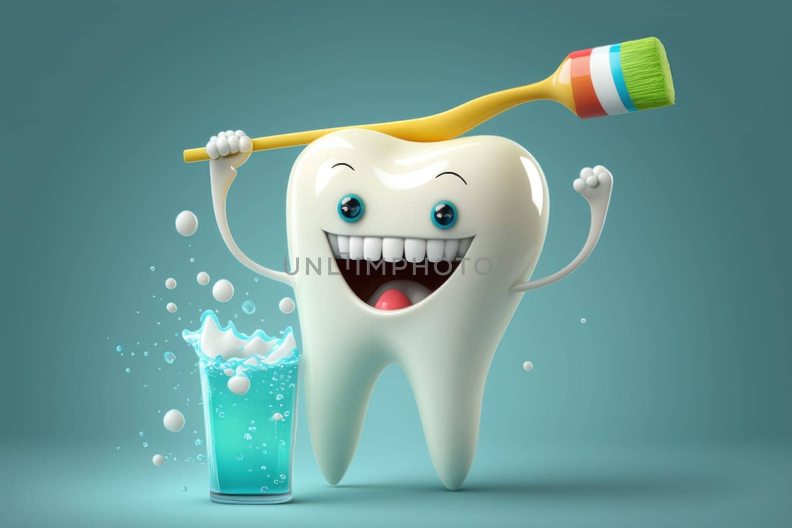 Happy healthy character tooth with toothbrush . Generative AI by matamnad