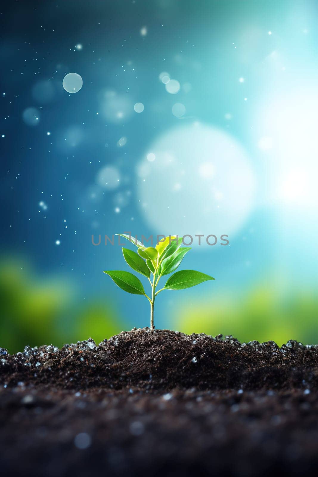 Young plant sprouting from soil against magical bokeh backdrop, symbolizing growth and hope. Perfect for Earth Day, environmental campaigns, eco-conscious initiatives. Space for text. Generative AI