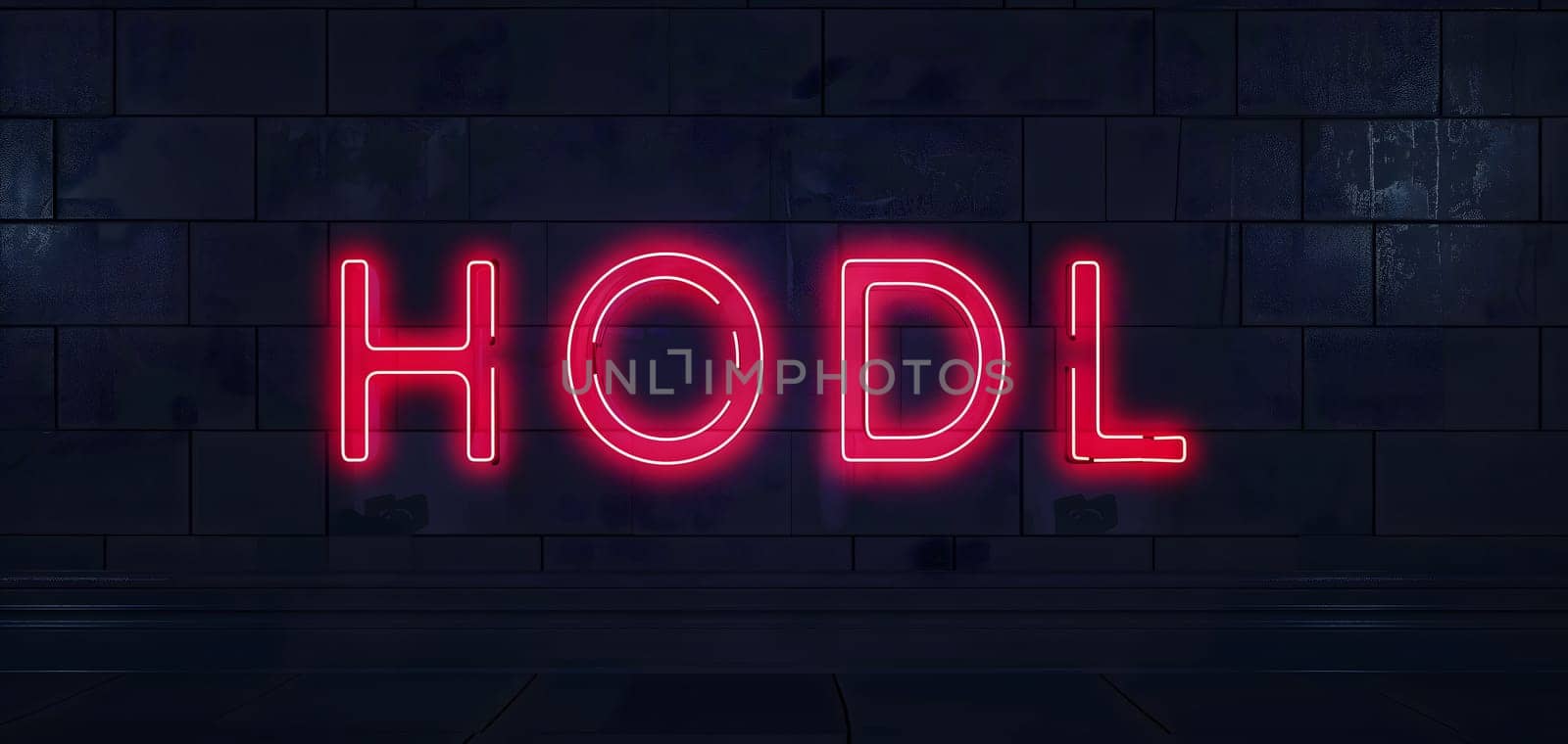 Neon inscription HODL on dark shabby wall. Neural network generated image. Not based on any actual scene or pattern.