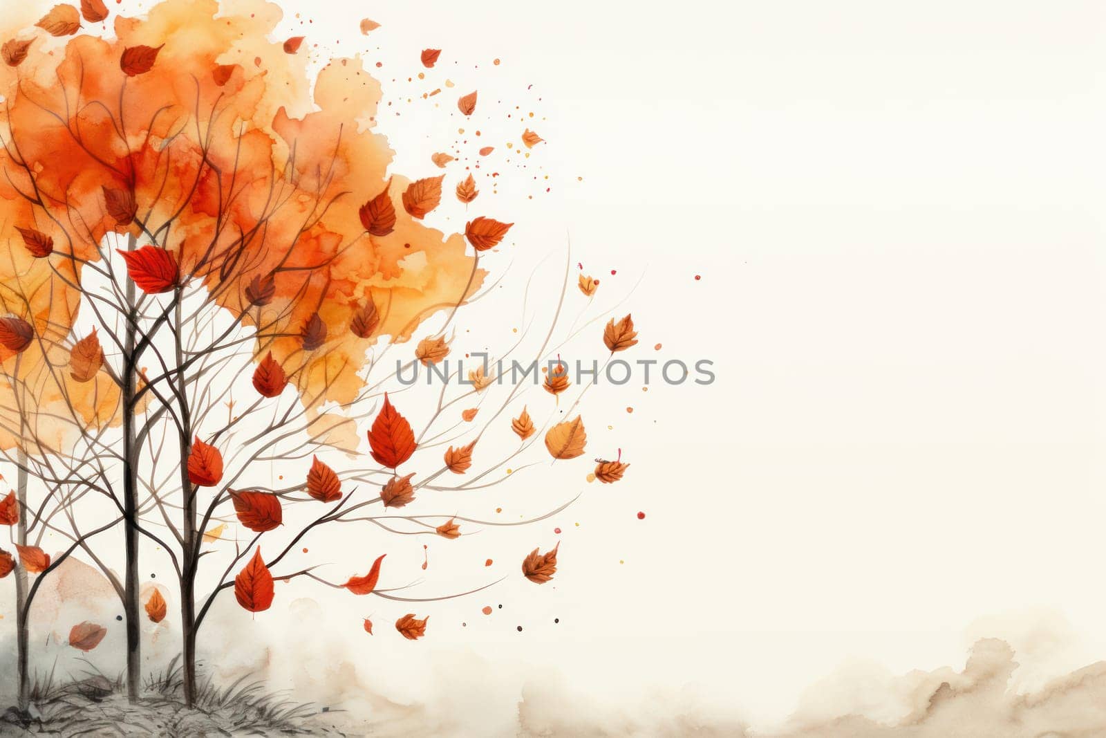 Illustration watercolor art autumn background with maple leaves, Generative AI.