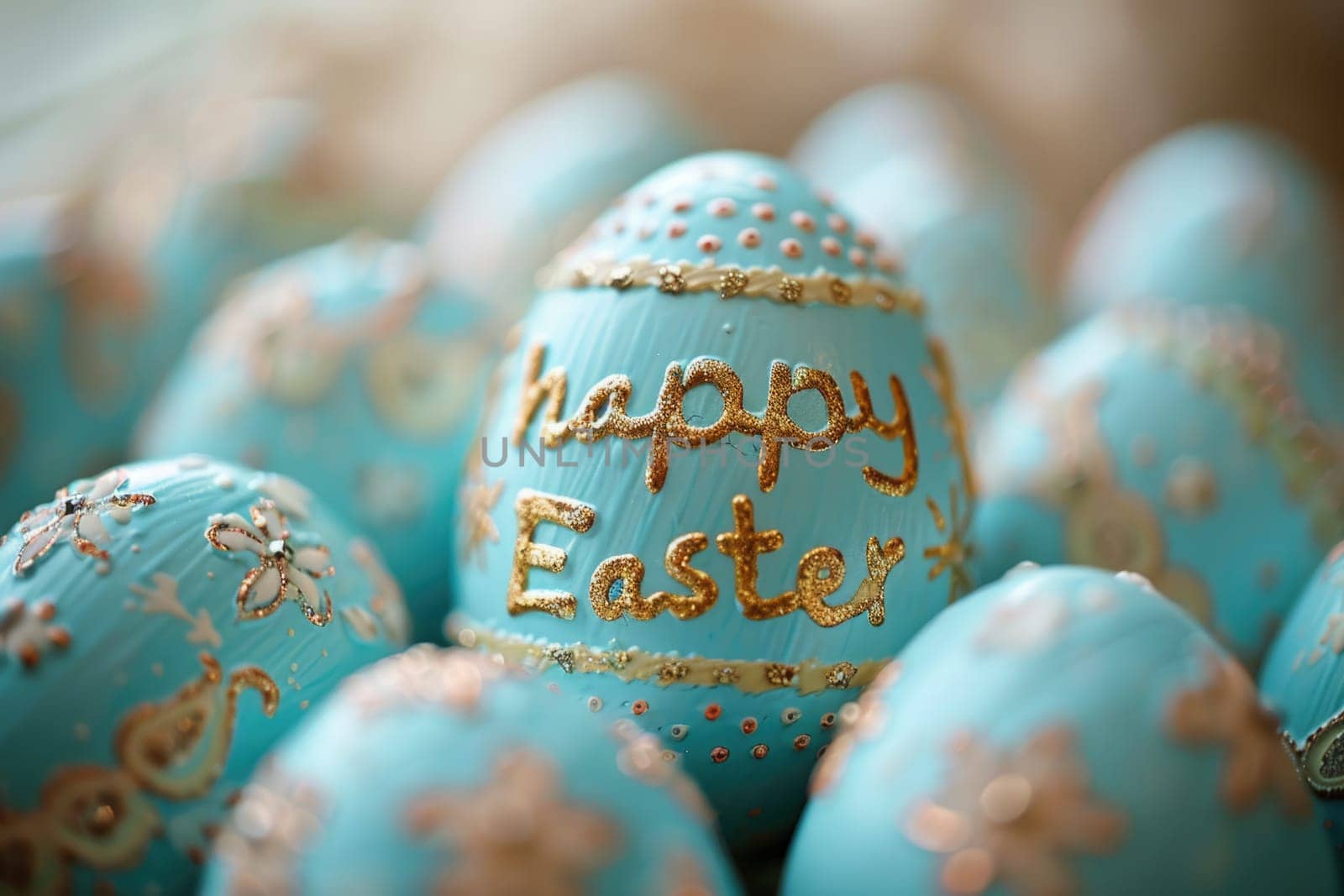 text happy Easter on pastel colored eggs. ai generated by Desperada