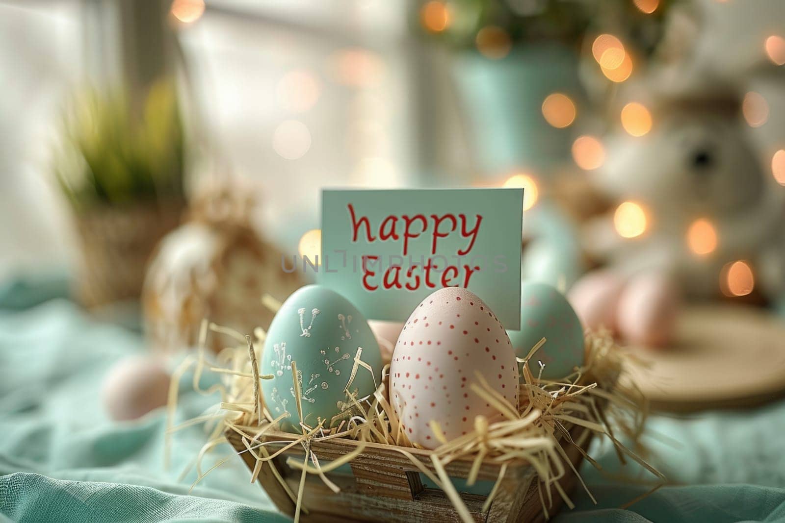 Stylish text frame of the board with the inscription happy easter. text happy Easter on pastel colored eggs. ai generated